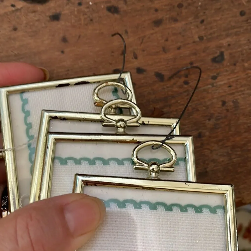 Vtg collection of‎ 6 handmade/homemade cross-stitch square gold frame ornaments